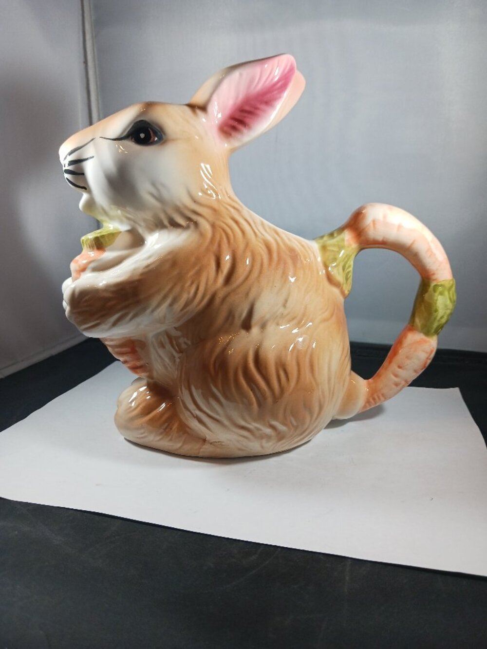 Ceramic Big Eyed Brown Bunny Rabbit Carrot Handle Pitcher Vase Easter Decor